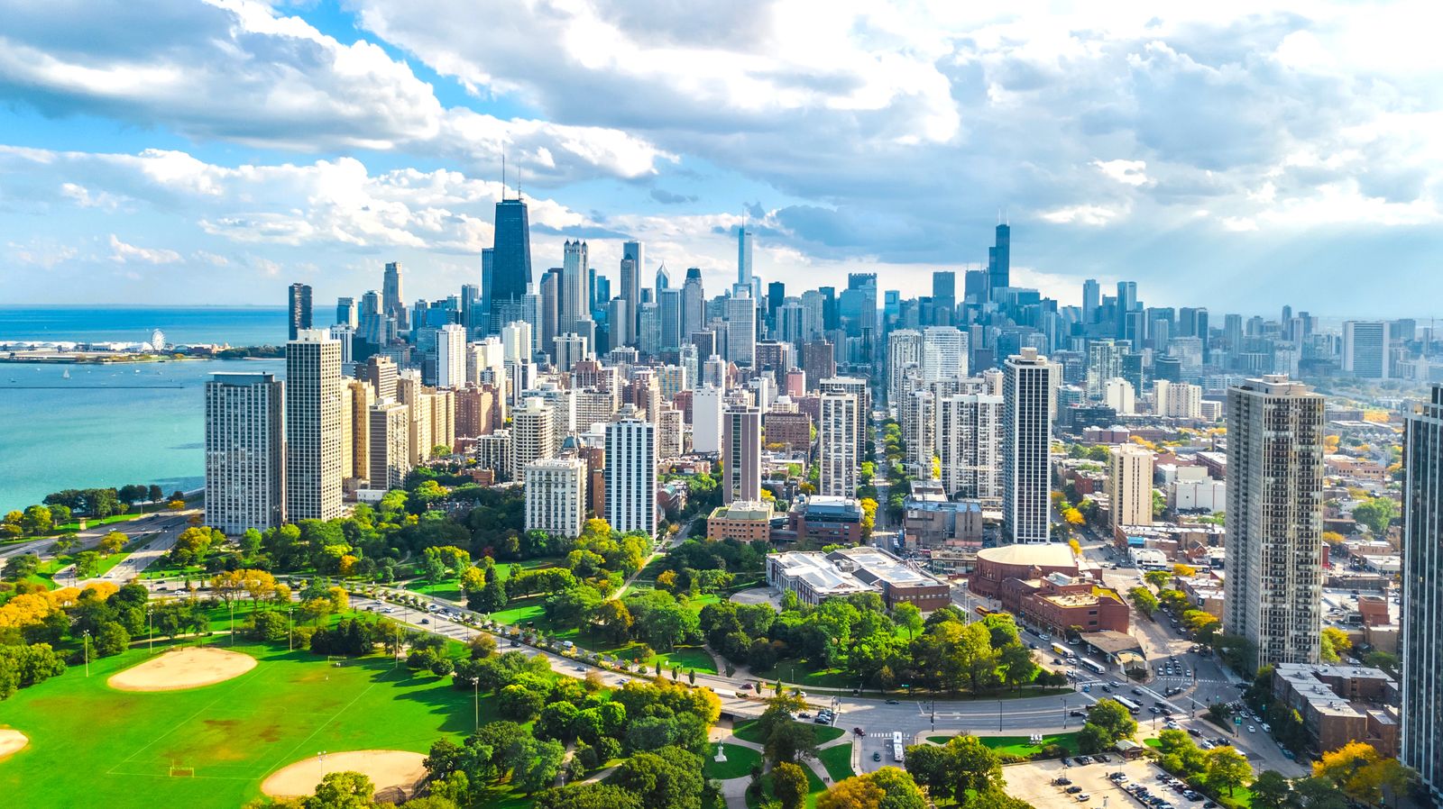 Aerial view of the Chicago skyline from Lincoln Park